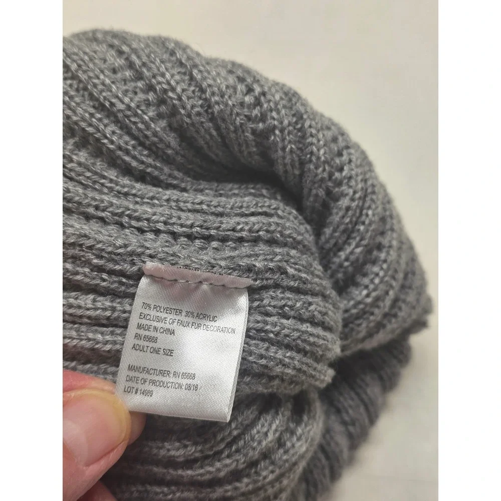 Gray Ribbed Knit Beanie Hat with Faux Fur Pom‎ Pom Adult One Size Winter Cap